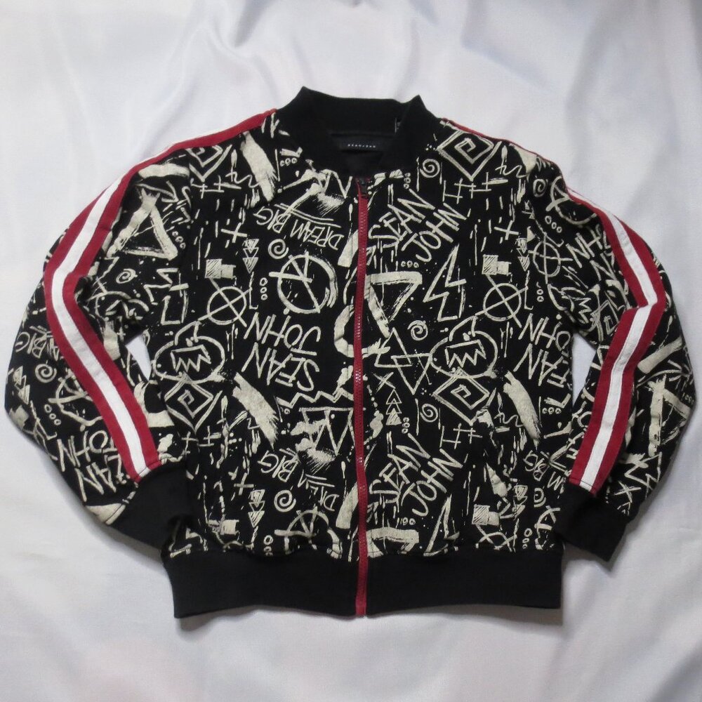 4/$14 SEANJOHN boys JACKET graffiti BLACK peace UNIQUE bomber SWEATSHIRT SIZE L